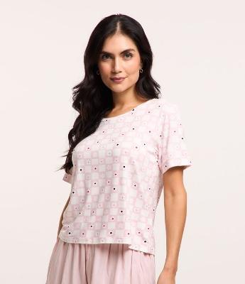 Blusa de Pijama em Viscose com Estampa Floral Xadrez