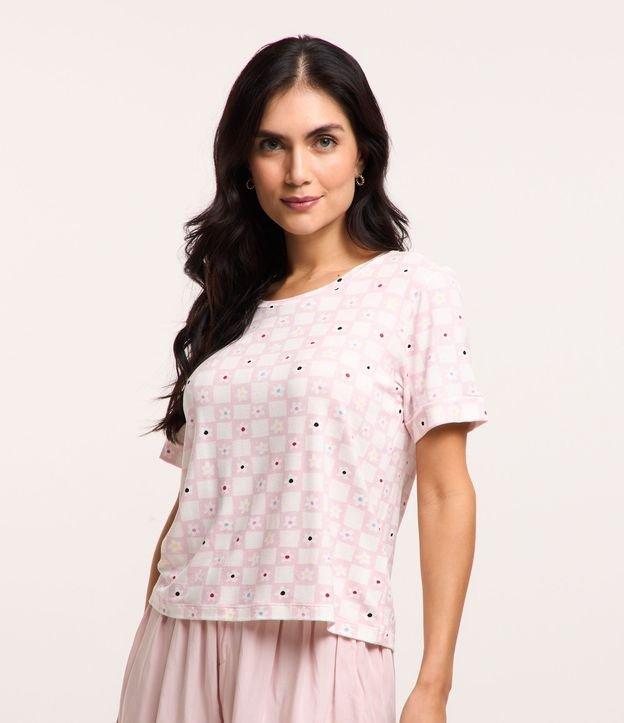 Blusa de Pijama em Viscose com Estampa Floral Xadrez - 1