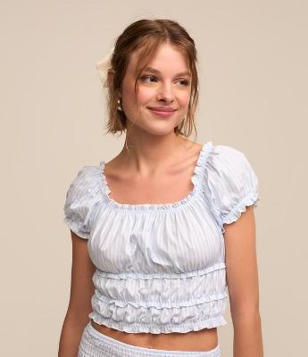 Blusa em Tricoline com Decote Elástico e Detalhes Frufru