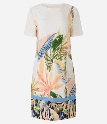 Vestido T-Shirt Curto em Viscolinho com Folhagens Estampadas