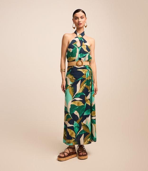 Saia Evasê Midi em Viscolinho com Folhagens Estampadas - 3