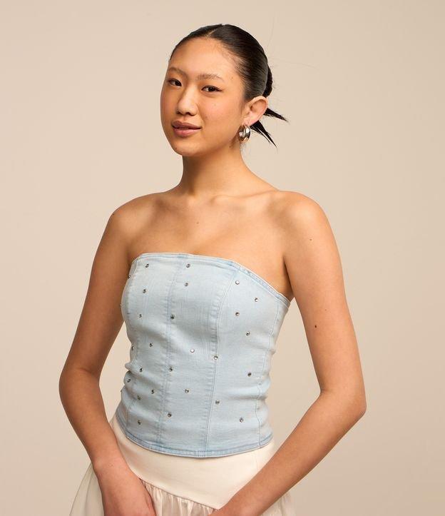 Top Corset Tomara Que Caia em Jeans com Bolinhas de Strass - 2