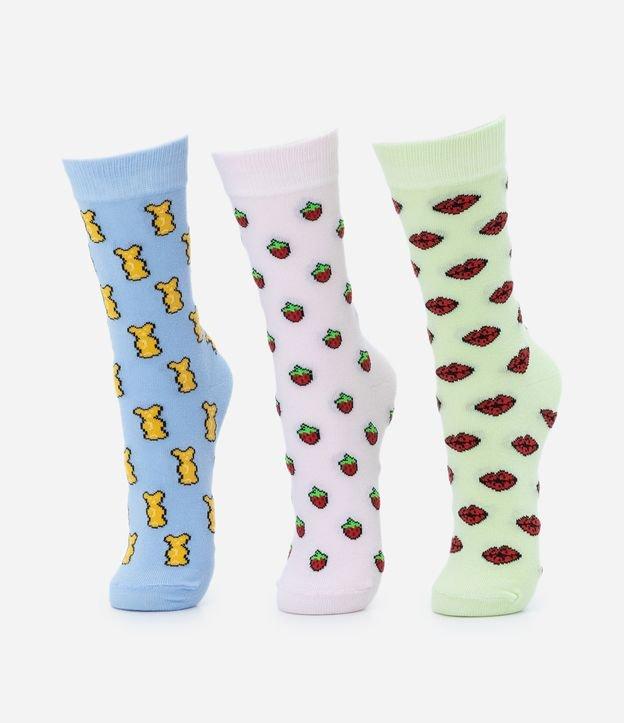 Kit 03 Pares de Meia Cano Alto em Algodão com Estampas Divertidas - 1