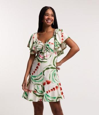 Vestido Curto em Viscose e Linho com Estampa de Corações e Miçangas