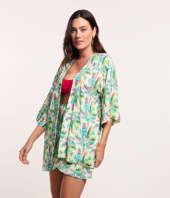 Saída de Praia Kimono em Viscose com Estampa Folhagens