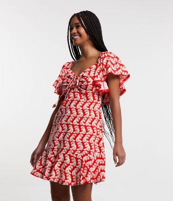 Vestido Curto em Viscose e Linho com Estampa de Ondinhas e Miçangas