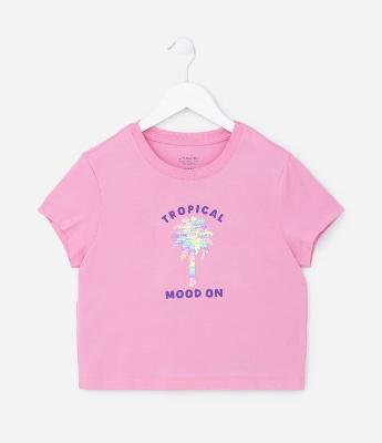 Camiseta Infantil com Bordado de Coqueiro em Paetê - Tam 5 a 14 Anos