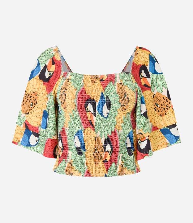Blusa Cropped Texturizada com Lastex e Estampa Tucanos - 1