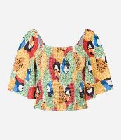 Blusa Cropped Texturizada com Lastex e Estampa Tucanos - 1