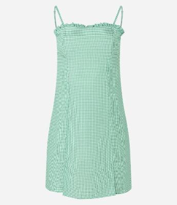 Vestido Curto em Viscose Xadrez Vichy e Babadinho no Busto