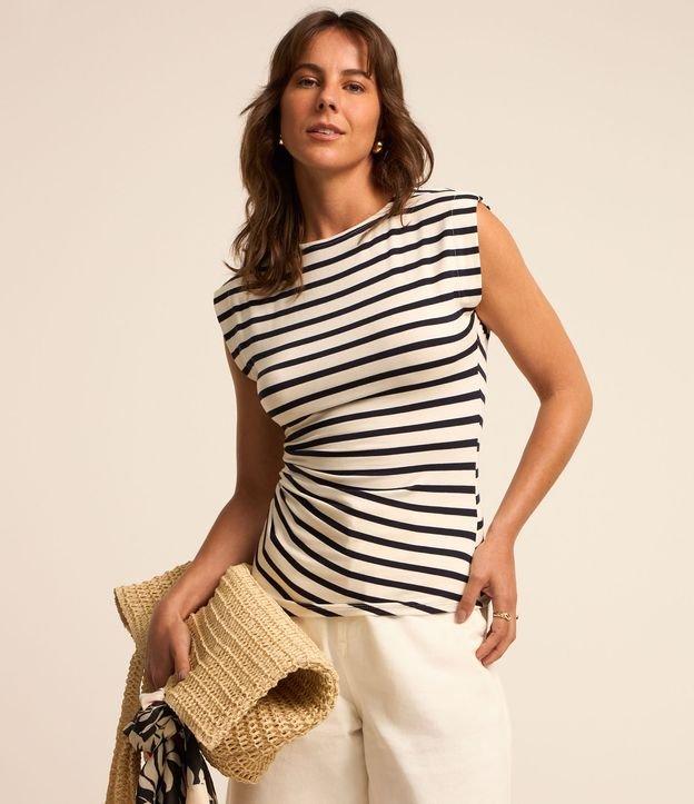 Blusa Sem Manga em Algodão Listrado com Franzido - 2
