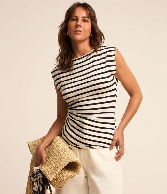 Blusa Sem Manga em Algodão Listrado com Franzido