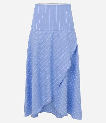 Saia Evasê Midi em Tricoline Listrado com Transpasse Tulipa