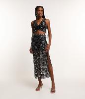 Saia Midi em Paetê Metalizado Efeito Telada e Fenda Lateral - 1