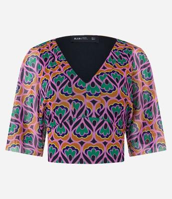 Blusa Cropped em Tule com Manga Ampla