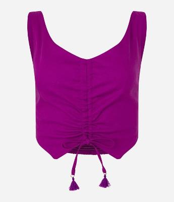 Blusa de Alça Cropped em Viscose e Linho com Puxadinho na Frente