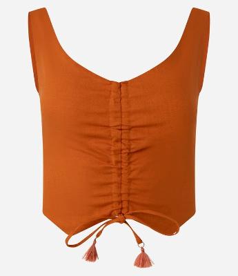 Blusa de Alça Cropped em Viscose e Linho com Puxadinho na Frente