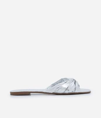 Sandália Rasteira Mule Metalizado Craquelada