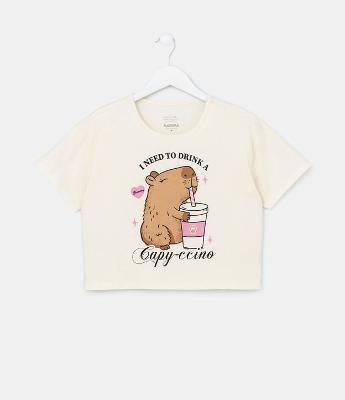 Camiseta Cropped com Estampa de Capivara - Tam 7 a 14 Anos