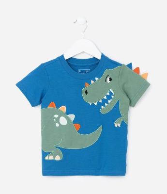 Camiseta Infantil Estampa Dino com Cristas na Manga - Tam 1 a 5 Anos