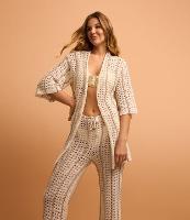 Saída de Praia Kimono com Efeito Crochê e Estampa Listrada - 2