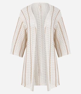Saída de Praia Kimono com Efeito Crochê e Estampa Listrada