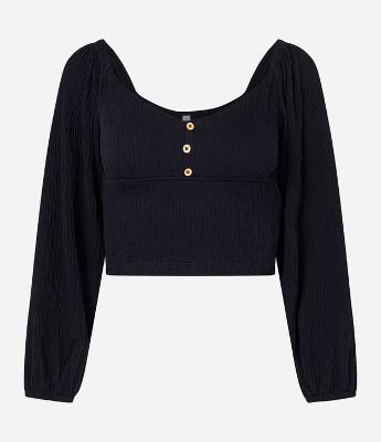 Blusa Curta Texturizada com Botões no Busto