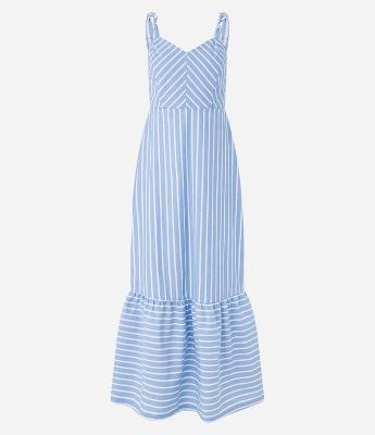 Vestido Midi em Tricoline Listrado com Barra Franzida