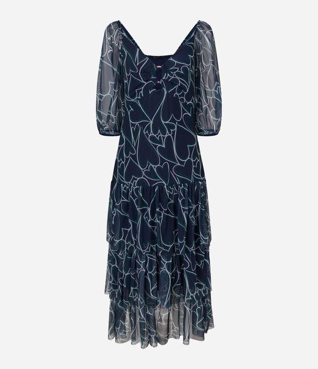 Vestido Midi em Tule com Babados na Saia e Estampa de Corações - 1