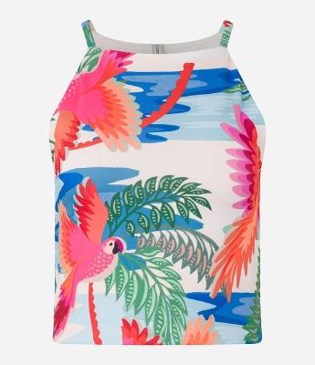 Blusa sem Manga Cropped em Microfibra com Estampa Tropical