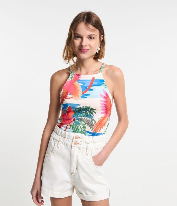 Blusa sem Manga Cropped em Microfibra com Estampa Tropical - 2