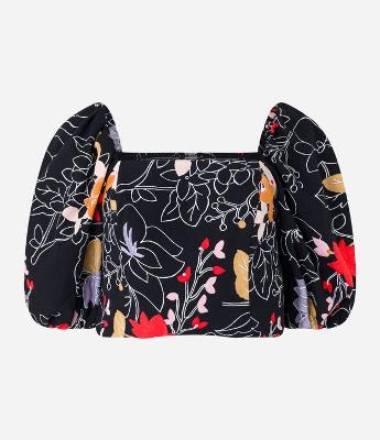 Blusa Cropped Manga Balonê em Tricoline com Flores Estampadas