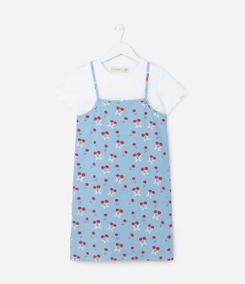 Vestido Infantil com Sobreposição e Estampa Cerejinhas - Tam 5 a 14 Anos