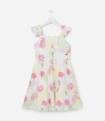 Vestido Infantil com Babadinhos e Estampa Floral - Tam 5 a 14 Anos