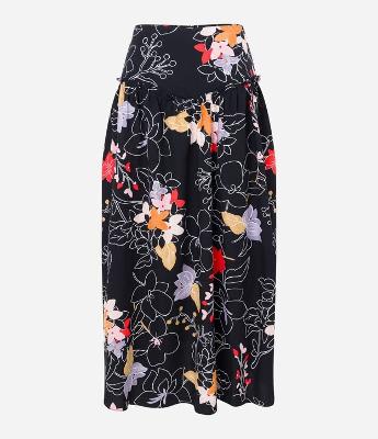 Saia Evasê Midi em Tricoline com Frufru e Flores Estampadas