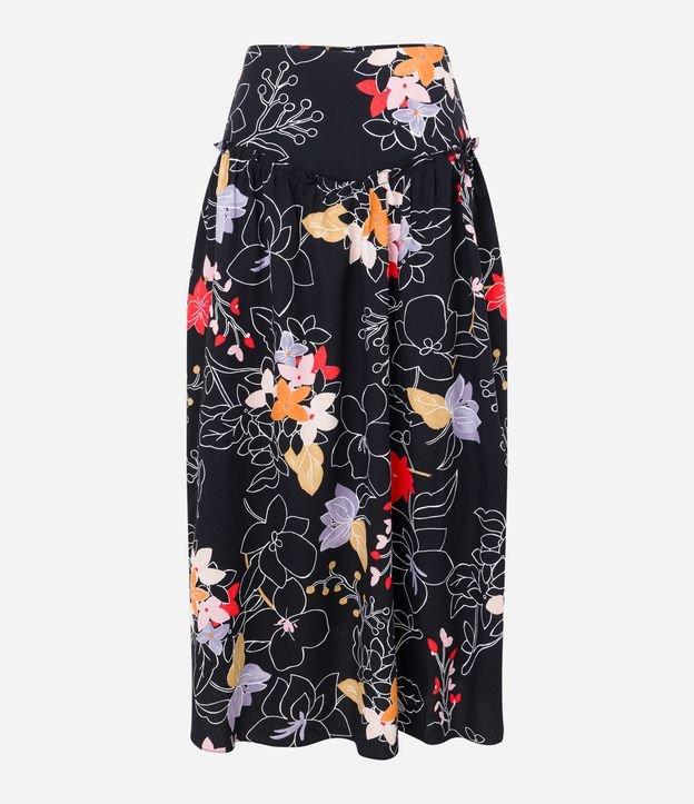 Saia Evasê Midi em Tricoline com Frufru e Flores Estampadas - 1