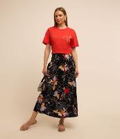 Saia Evasê Midi em Tricoline com Frufru e Flores Estampadas - 2