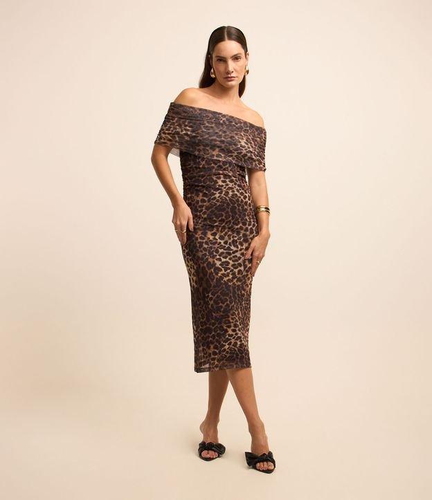 Vestido Midi em Tule Ombro a Ombro com Camada e  Animal Print - 2
