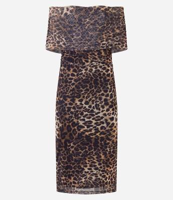 Vestido Midi em Tule Ombro a Ombro com Camada e  Animal Print