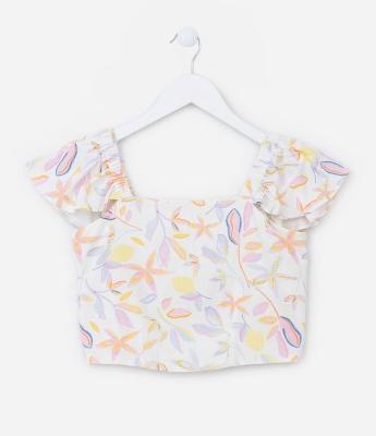 Blusa Cropped Infantil com Babados e Estampa Floral - Tam 5 a 14 Anos