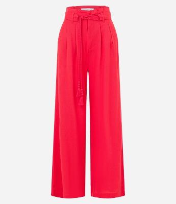 Calça Pantalona em Viscose e Linho com Cinto de Corda e Tassel