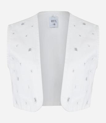 Colete Cropped em Sarja com Rasgos e Paetês