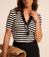 Blusa em Ribana Listrada com Gola Polo e Fio Tinto - 2