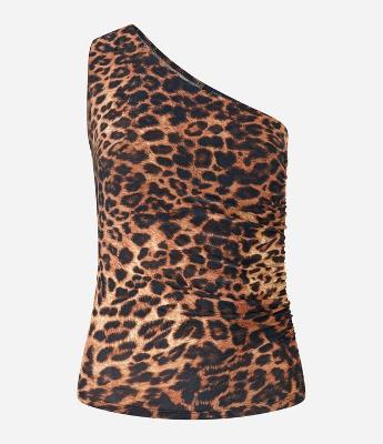 Blusa Regata com Ombro Só em Animal Print e Drapeado na Lateral