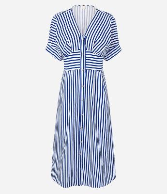 Vestido Midi Evasê em Tricoline com Pala na Cintura e Botões Dourados