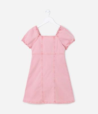 Vestido Infantil em Sarja Estonado com Mangas Bufantes - Tam 5 a 14 Anos