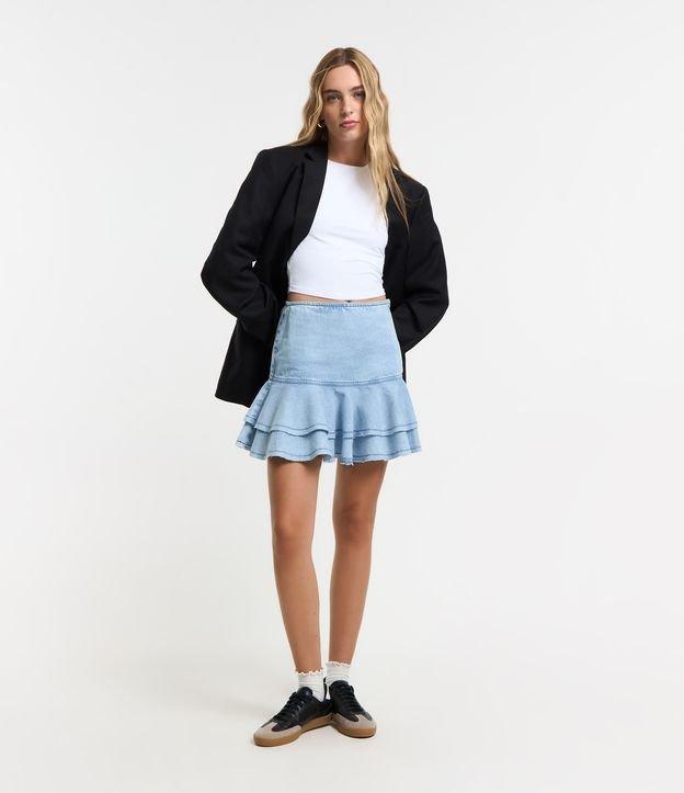 Saia Curta em Jeans Denim com Babado Duplo e Zíper Lateral - 1