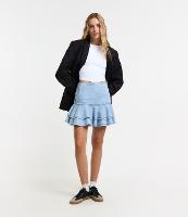 Saia Curta em Jeans Denim com Babado Duplo e Zíper Lateral - 1