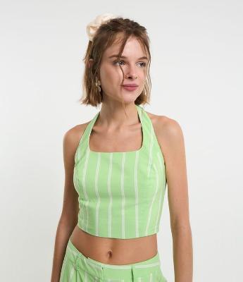 Blusa Cropped Frente Única em Tricoline Listrado com  Lastex