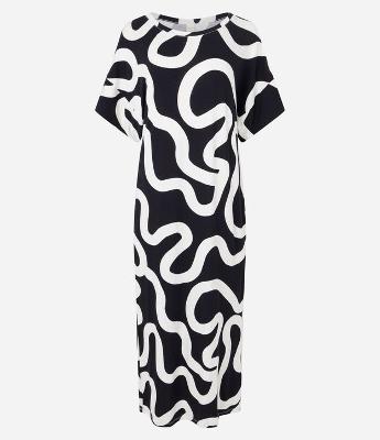 Vestido Midi em Viscose com Estampa Abstrata e Decote Redondo